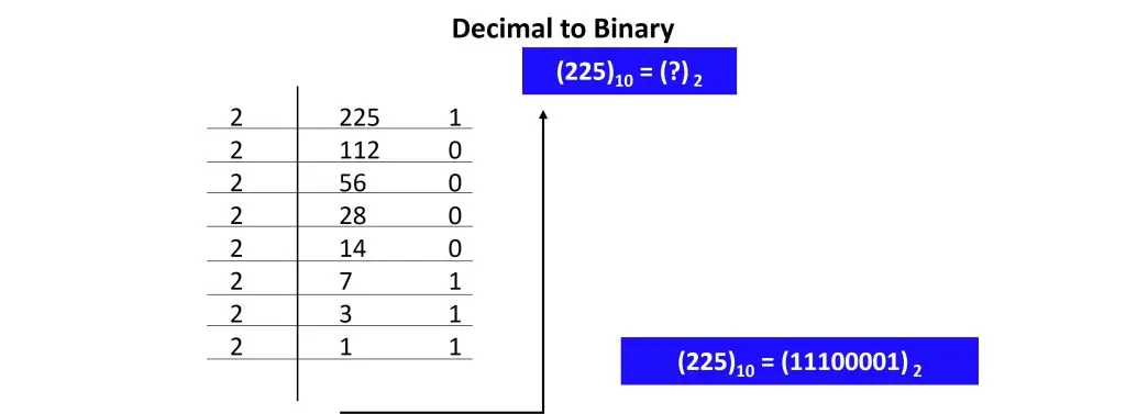 decimal to binary conversion (225) into binary
